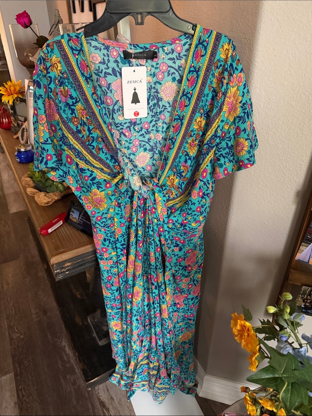 Zesica nwt Teal Floral Tie-Front Maxi Dress boho fun great for fall with jacket